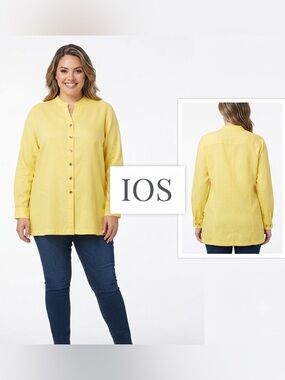 IOS Yellow Linen Blend Lagenlook Mandarin Collar V-Neck Tunic NWOT Large